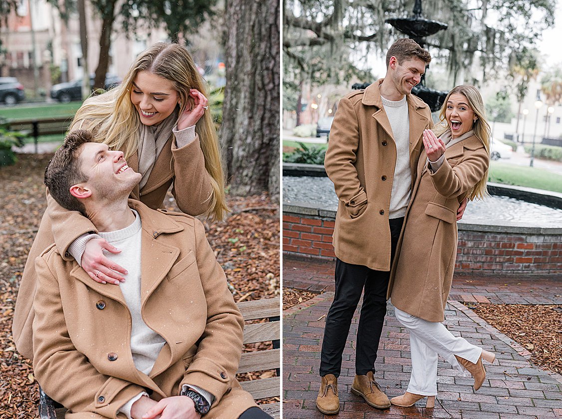 Trevor proposing to Sydney in the snow at Lafayette Square, Savannah, GA