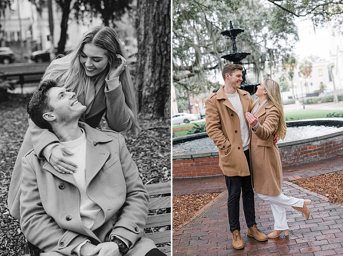 Trevor proposing to Sydney in the snow at Lafayette Square, Savannah, GA