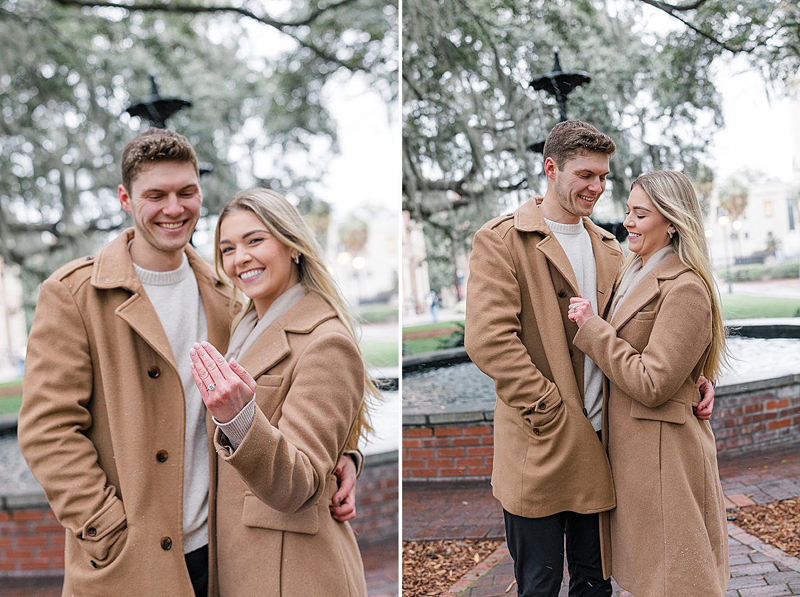 Trevor proposing to Sydney in the snow at Lafayette Square, Savannah, GA