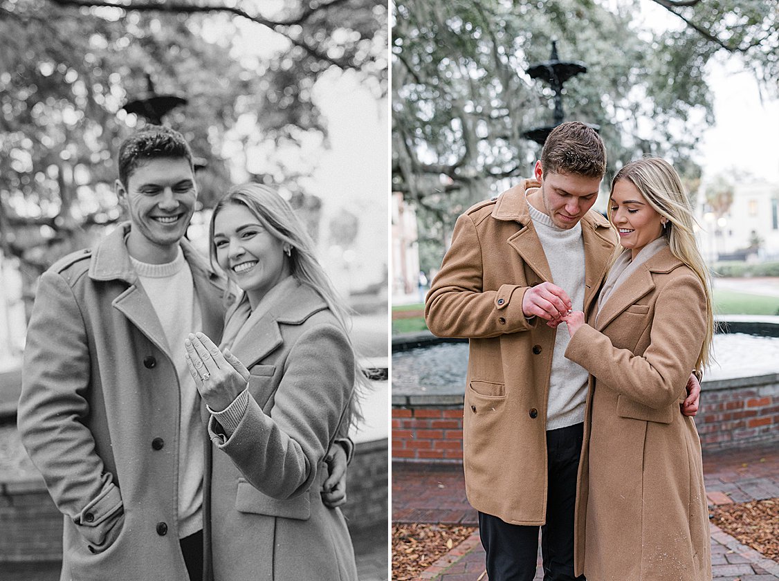 Trevor proposing to Sydney in the snow at Lafayette Square, Savannah, GA