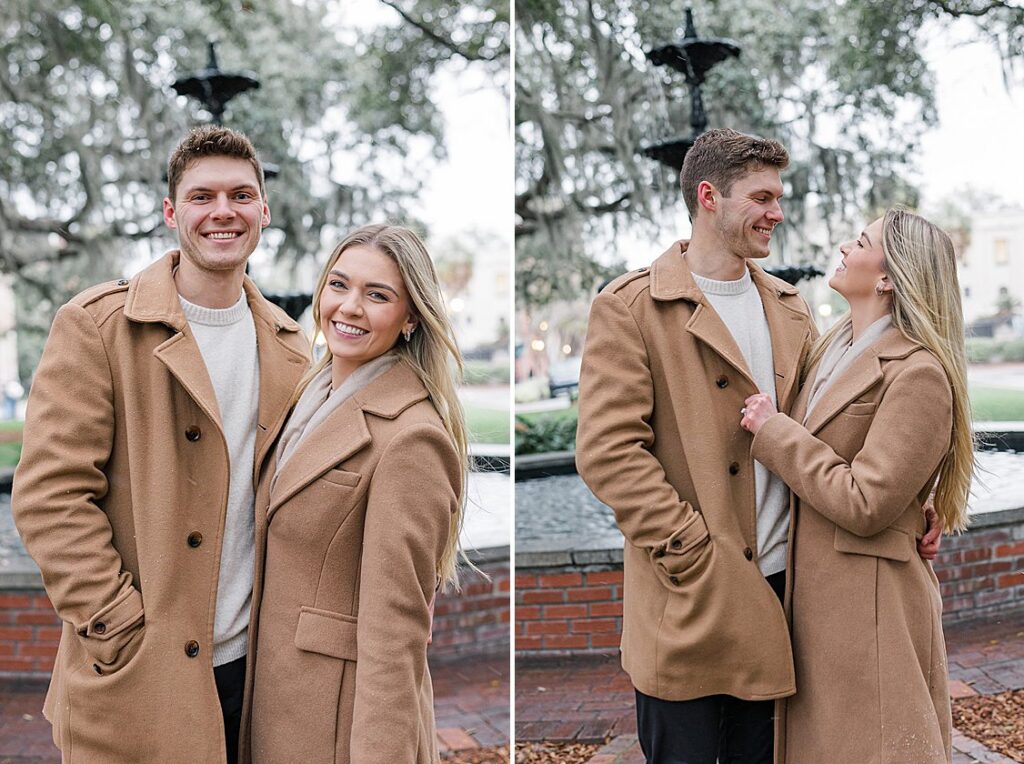 Trevor proposing to Sydney in the snow at Lafayette Square, Savannah, GA
