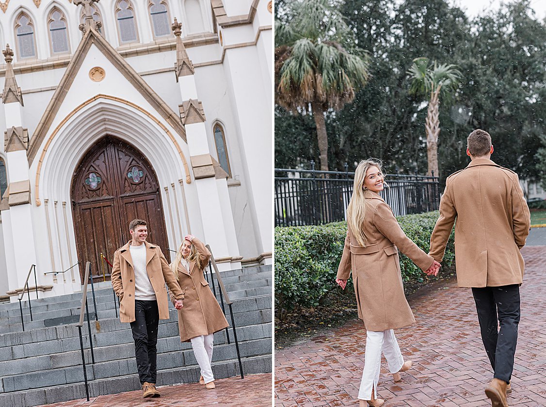 Portrait of Trevor and Sydney in front of the Cathedral Basilica of St. John the Baptist with snow falling