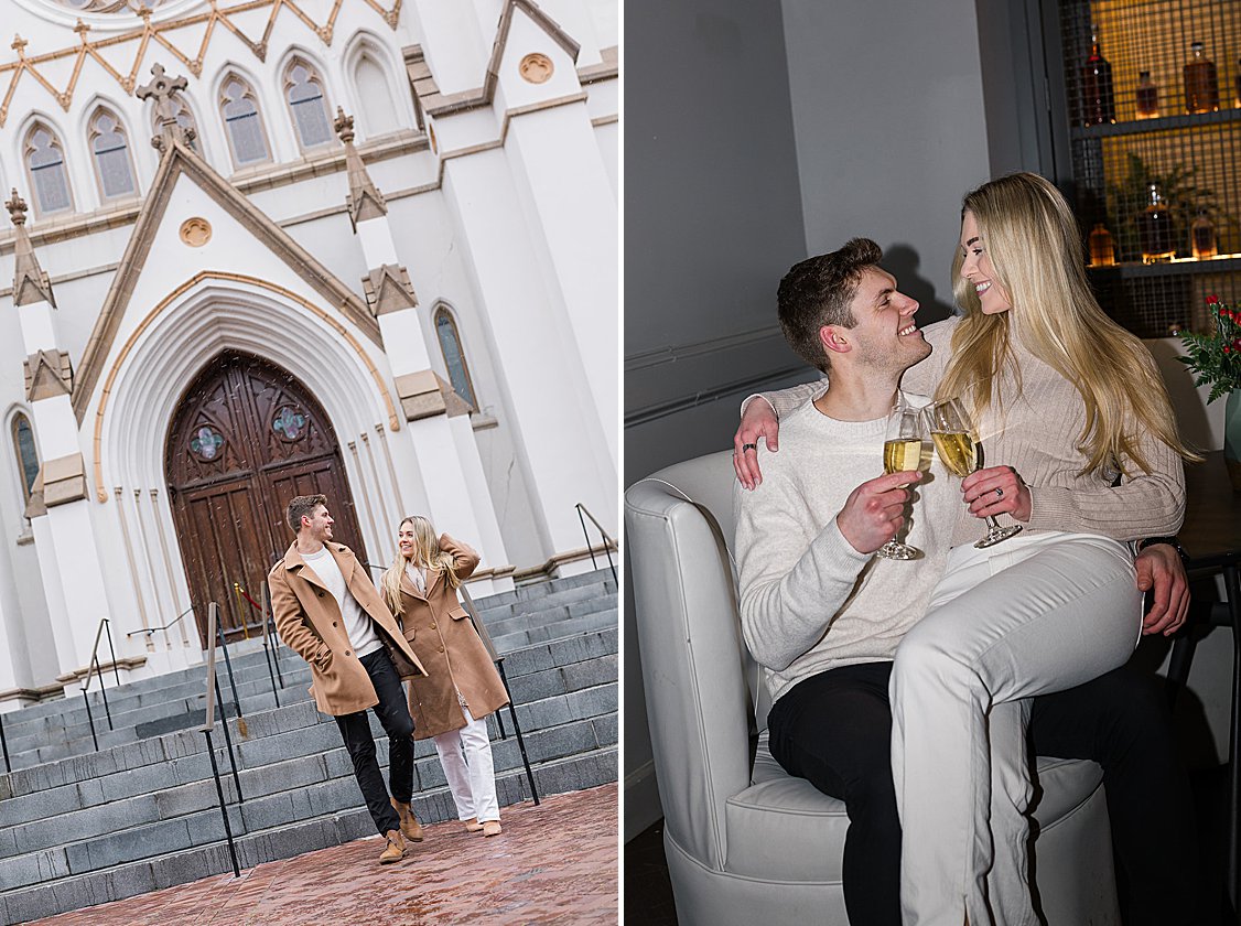 Portrait of Trevor and Sydney in front of the Cathedral Basilica of St. John the Baptist with snow falling
