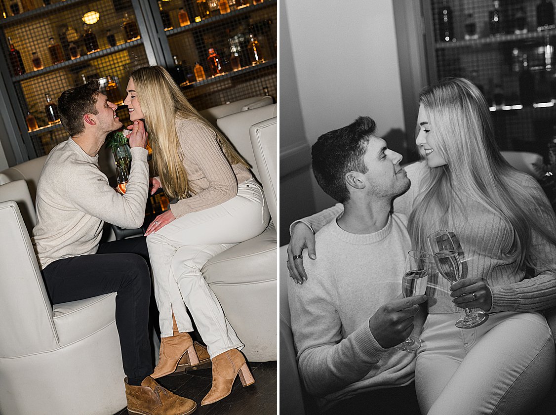 Trevor and Sydney sharing a cozy moment inside The DeSoto Savannah bar during their engagement session