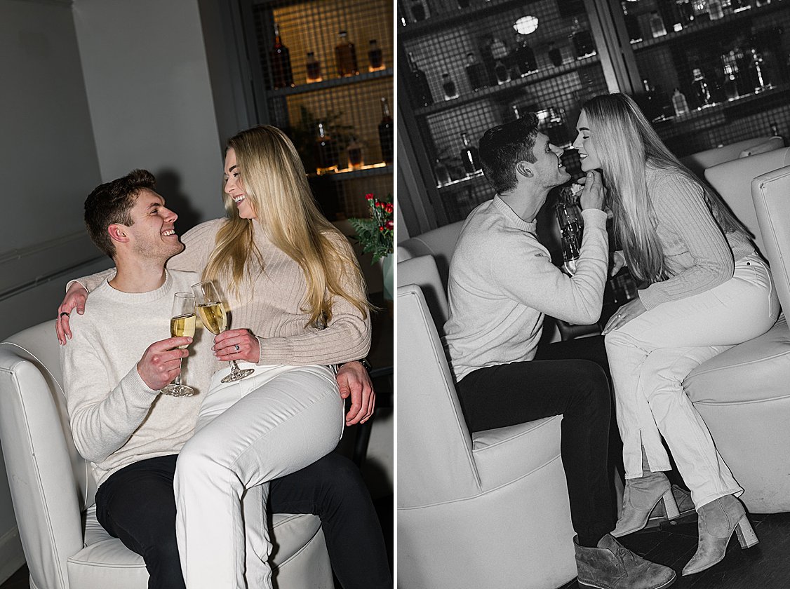 Trevor and Sydney sharing a cozy moment inside The DeSoto Savannah bar during their engagement session