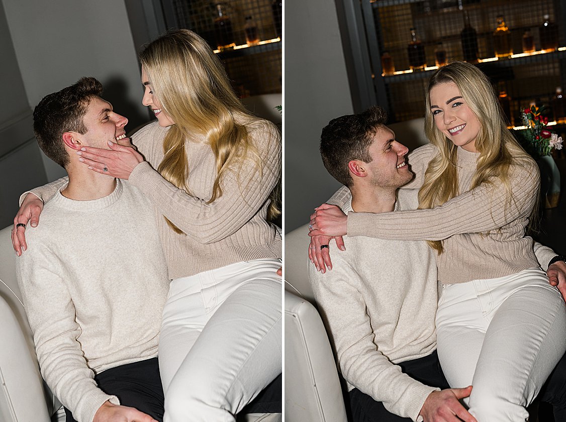 Trevor and Sydney sharing a cozy moment inside The DeSoto Savannah bar during their engagement session
