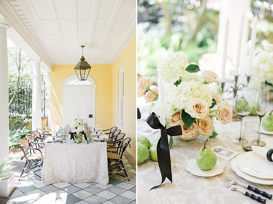 Neutral table linens, blush florals, and understated tableware in William Aiken House editorial.