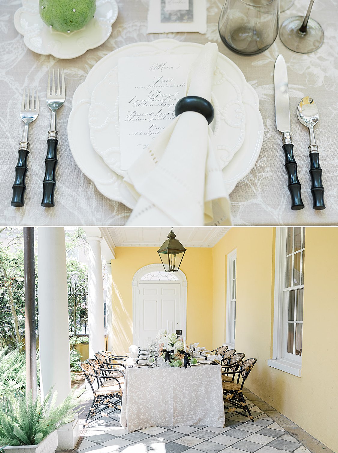 Neutral table linens, blush florals, and understated tableware in William Aiken House editorial.