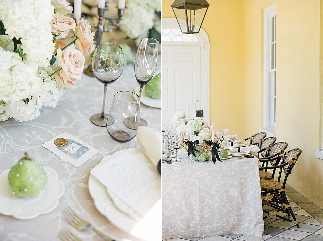 Neutral table linens, blush florals, and understated tableware in William Aiken House editorial.