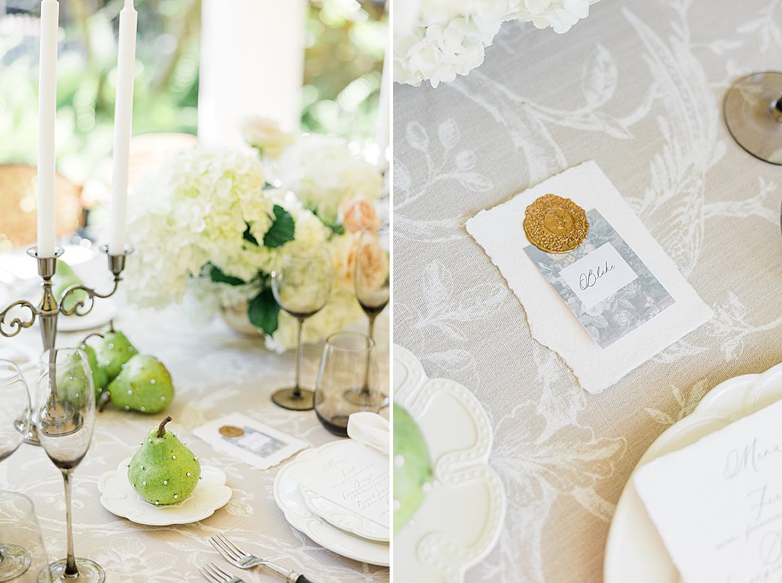 Neutral table linens, blush florals, and understated tableware in William Aiken House editorial.