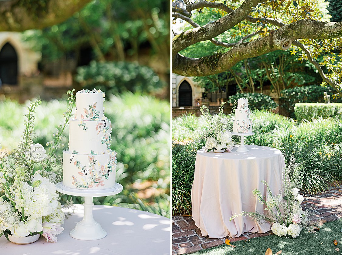 Elegant wedding editorial tablescape in the William Aiken House courtyard with blush and green florals.