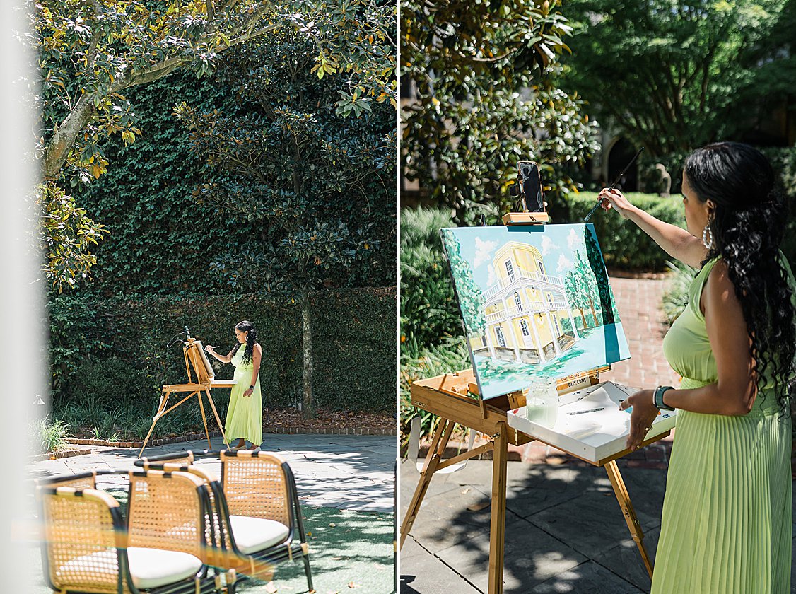 Elegant wedding editorial tablescape in the William Aiken House courtyard with blush and green florals.