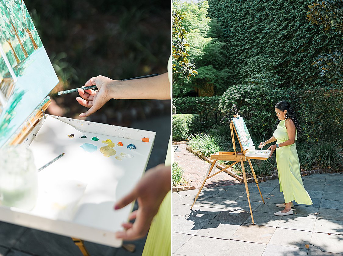 Elegant wedding editorial tablescape in the William Aiken House courtyard with blush and green florals.