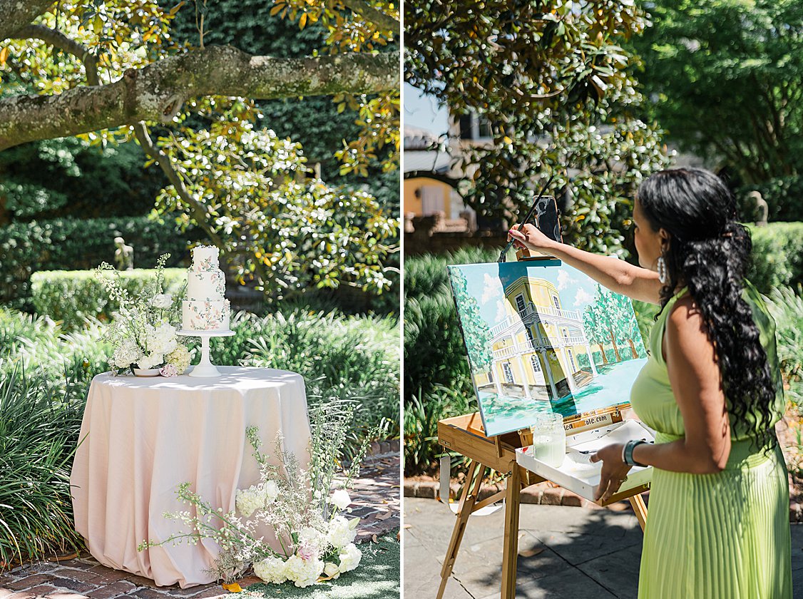 Elegant wedding editorial tablescape in the William Aiken House courtyard with blush and green florals.