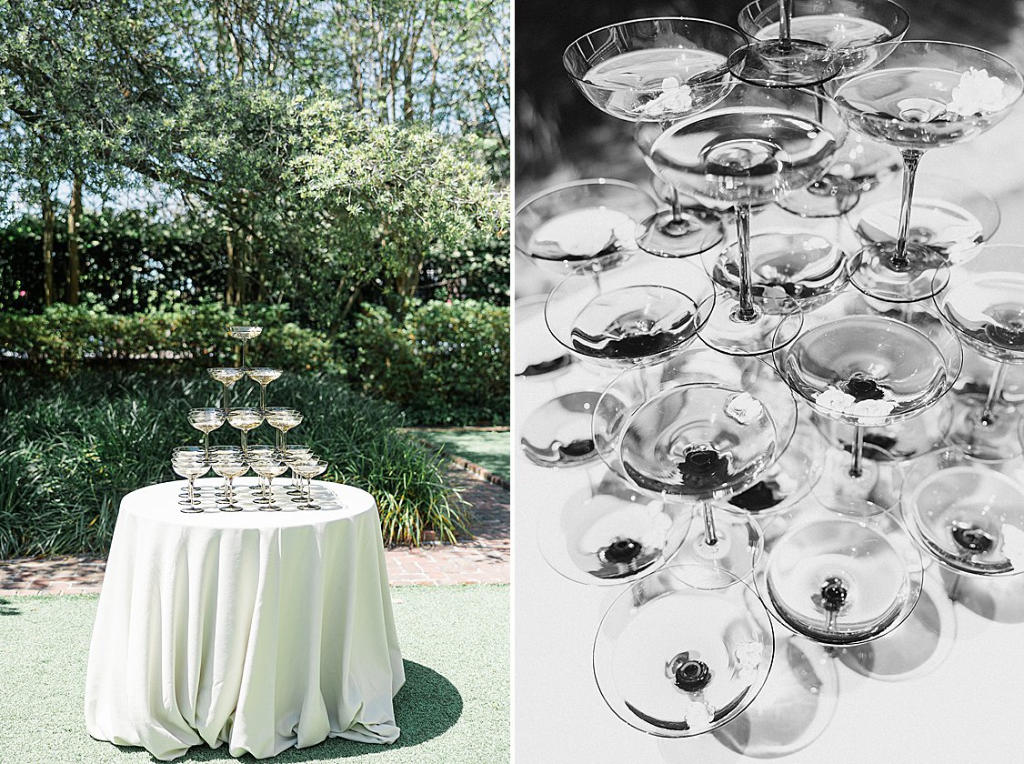 Elegant wedding editorial tablescape in the William Aiken House courtyard with blush and green florals.