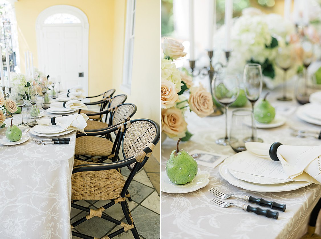 Elegant wedding editorial tablescape in the William Aiken House courtyard with blush and green florals.