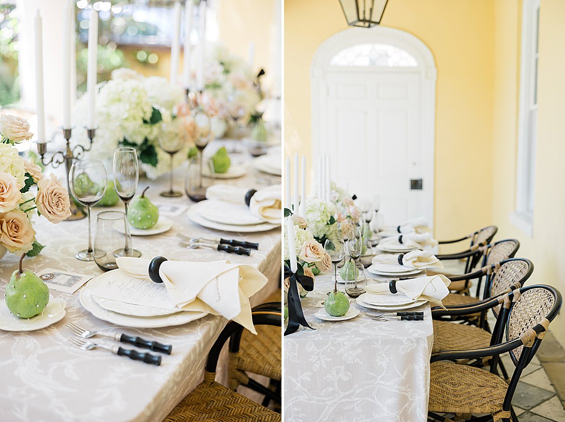 Elegant wedding editorial tablescape in the William Aiken House courtyard with blush and green florals.
