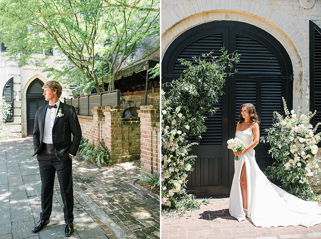 Bride in a timeless gown with soft blush accents at the William Aiken House.