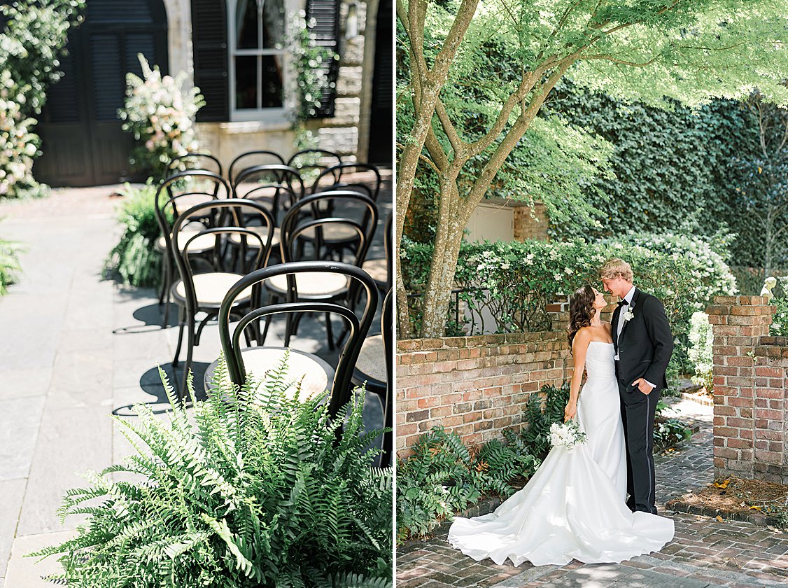 Bride in a timeless gown with soft blush accents at the William Aiken House.