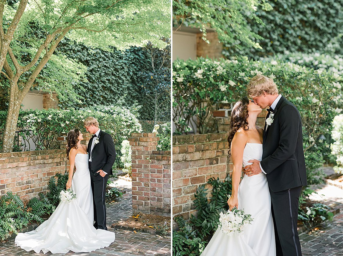 Bride in a timeless gown with soft blush accents at the William Aiken House.