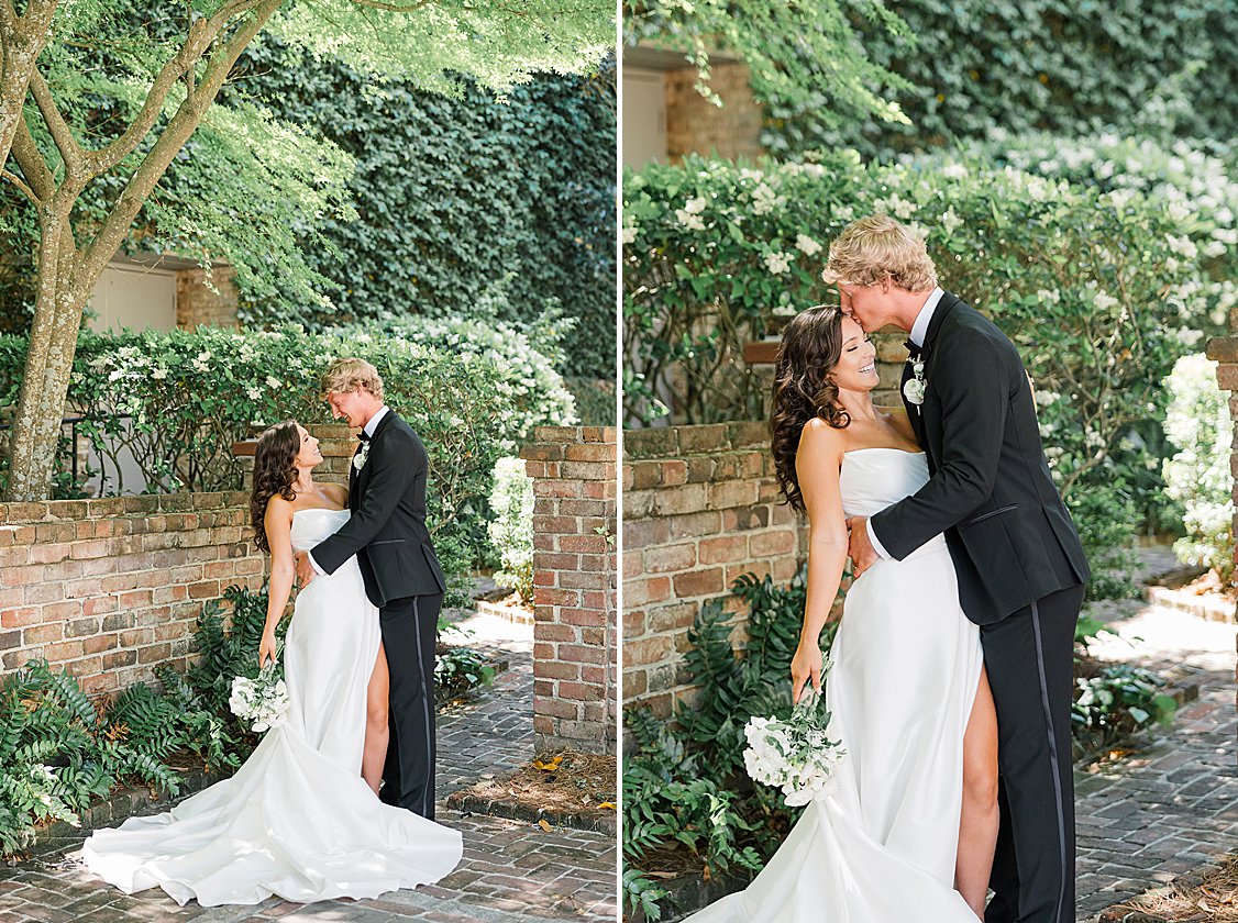 Editorial groom styling in classic attire surrounded by natural greenery and yellow Charleston architecture.