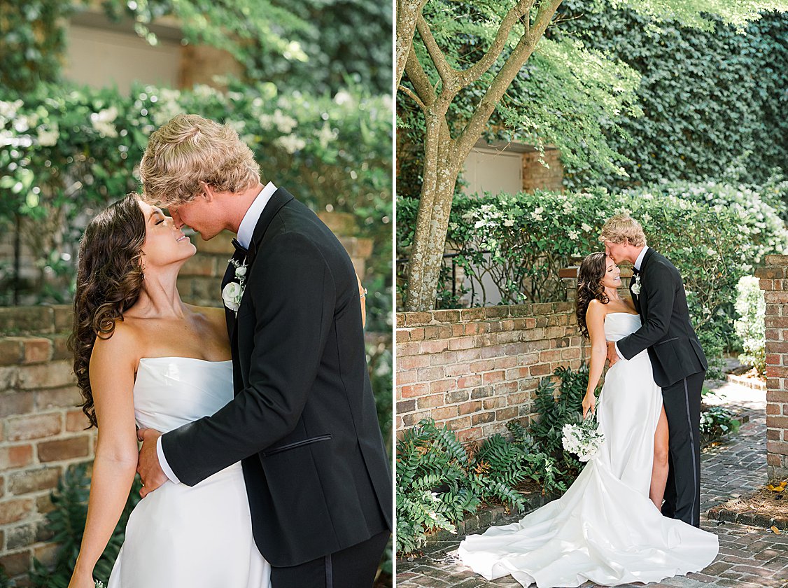 Editorial groom styling in classic attire surrounded by natural greenery and yellow Charleston architecture.