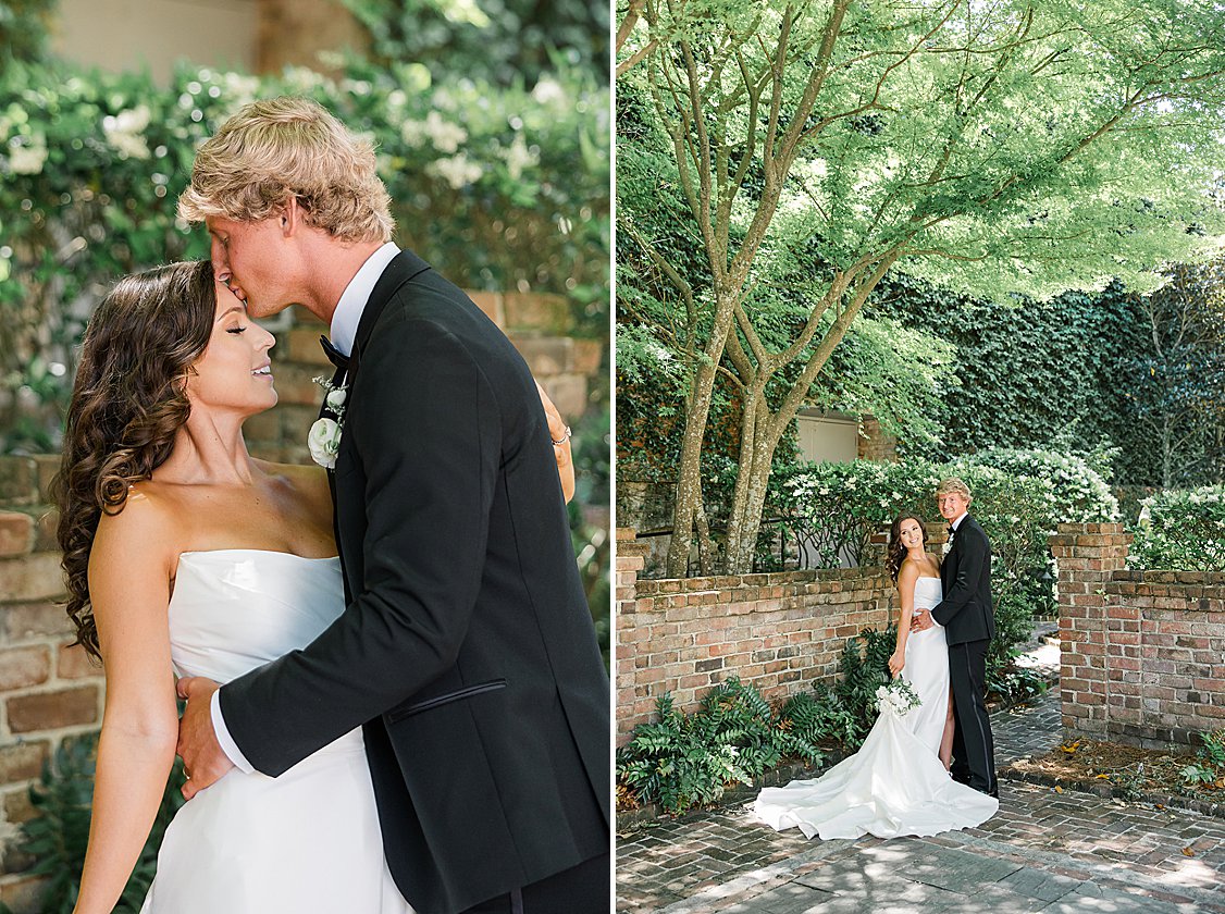 Editorial groom styling in classic attire surrounded by natural greenery and yellow Charleston architecture.