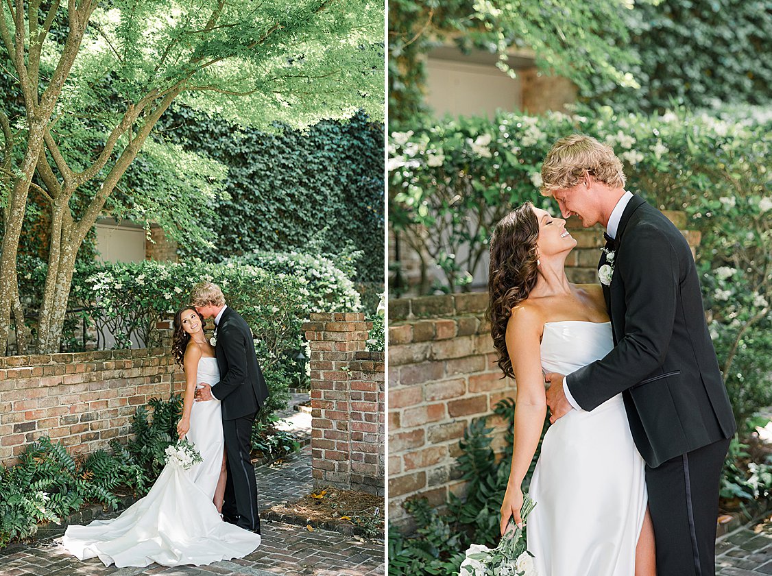 Editorial groom styling in classic attire surrounded by natural greenery and yellow Charleston architecture.
