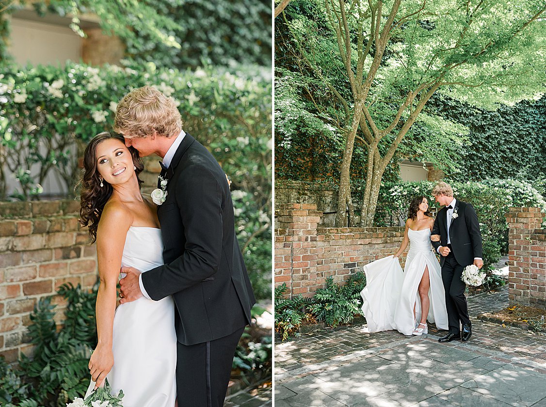 Editorial groom styling in classic attire surrounded by natural greenery and yellow Charleston architecture.