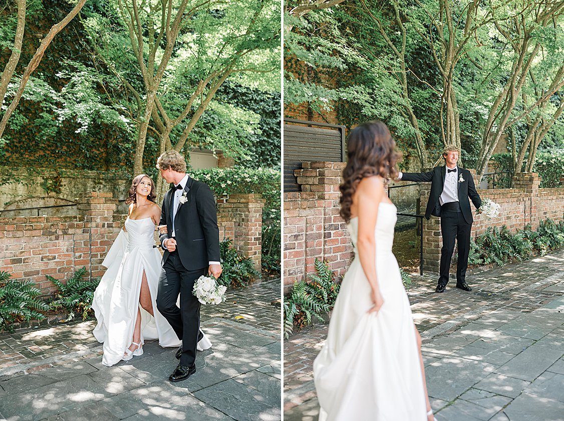 Editorial groom styling in classic attire surrounded by natural greenery and yellow Charleston architecture.