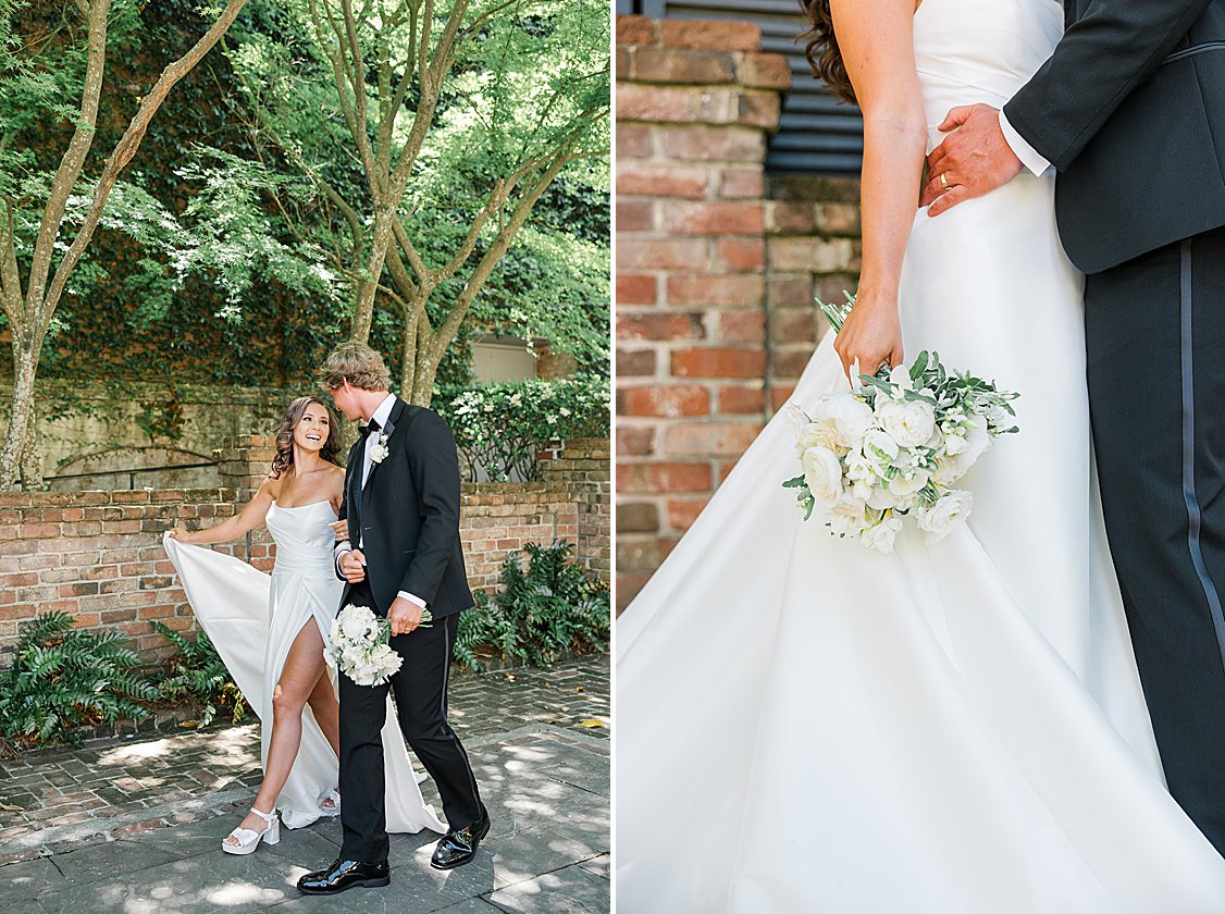 Editorial groom styling in classic attire surrounded by natural greenery and yellow Charleston architecture.