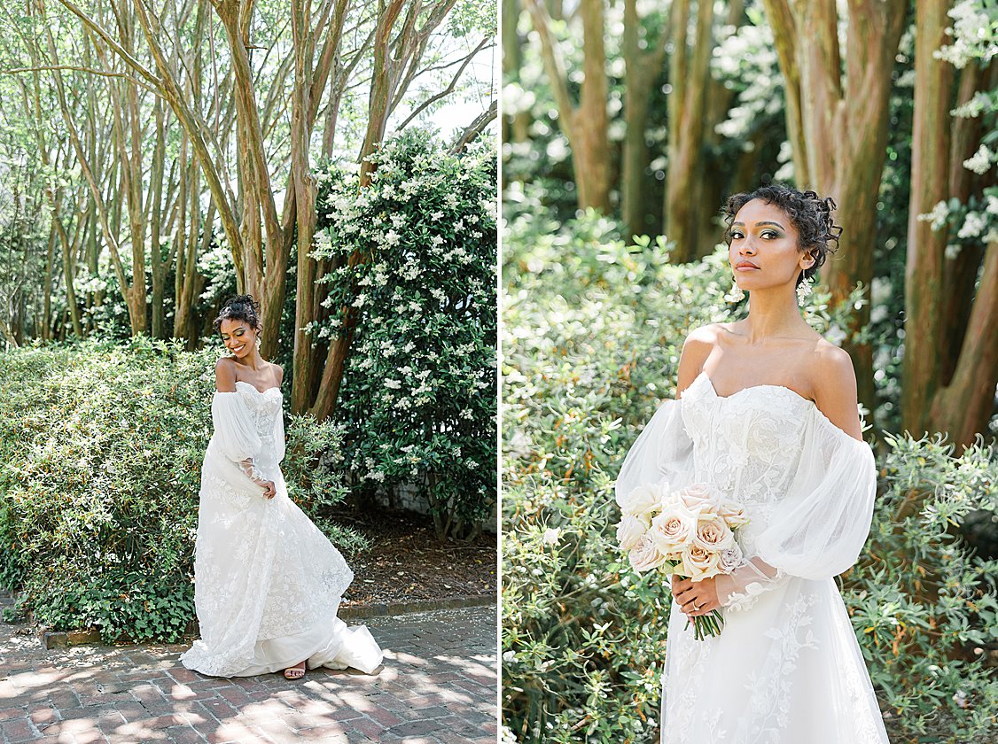 Bride in a timeless gown with soft blush accents at the William Aiken House.