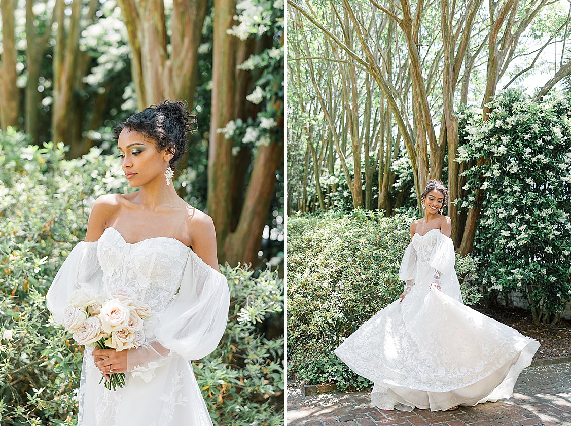 Bride in a timeless gown with soft blush accents at the William Aiken House.