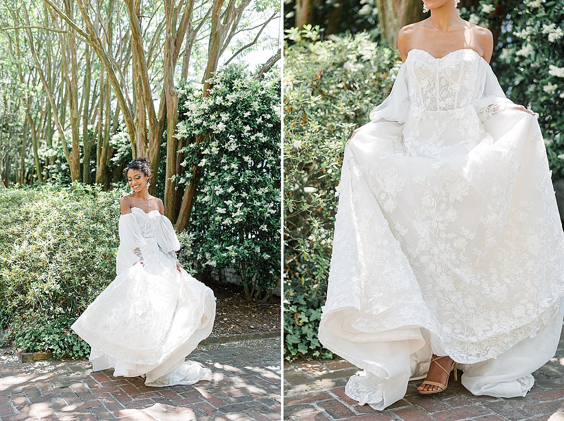 Bride in a timeless gown with soft blush accents at the William Aiken House.