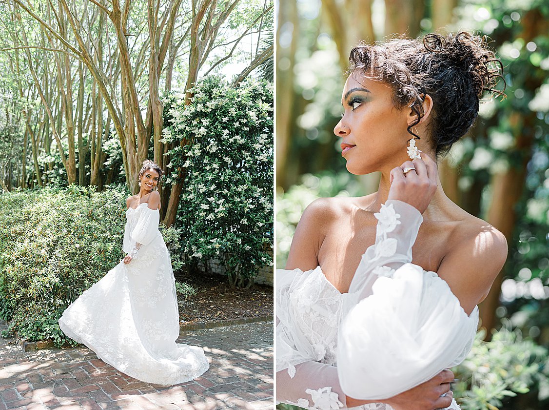 Bride in a timeless gown with soft blush accents at the William Aiken House.