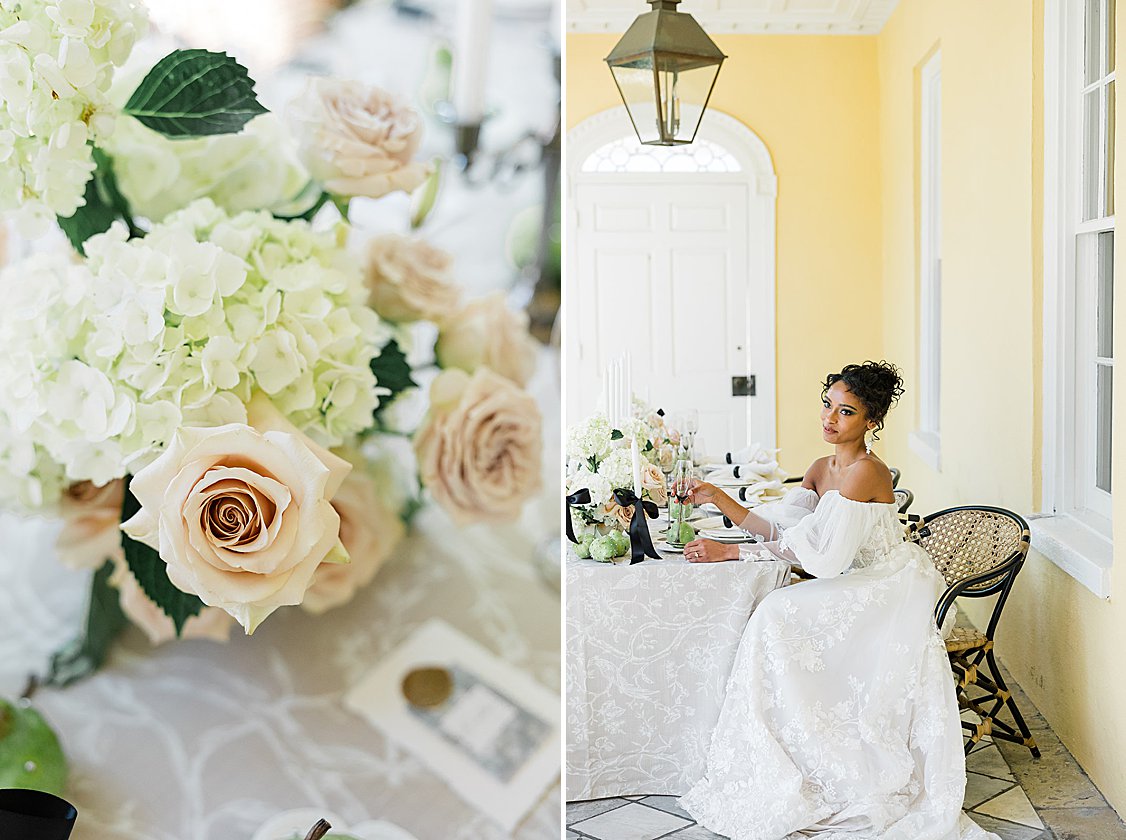 Charleston wedding editorial at William Aiken House featuring blush, green, and neutral tones.