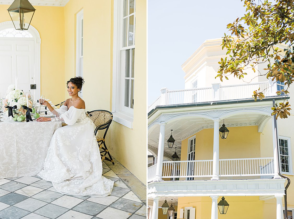 Charleston wedding editorial at William Aiken House featuring blush, green, and neutral tones.