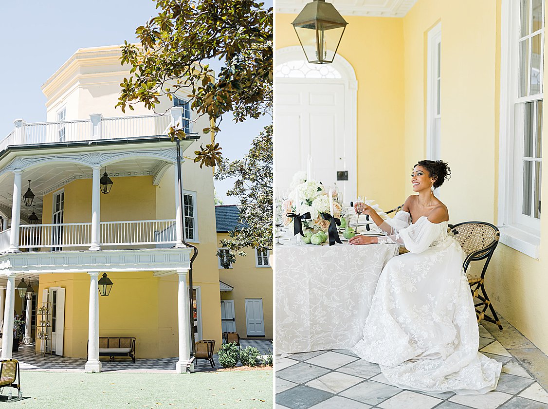 Charleston wedding editorial at William Aiken House featuring blush, green, and neutral tones.