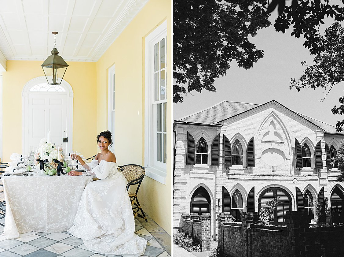 Charleston wedding editorial at William Aiken House featuring blush, green, and neutral tones.