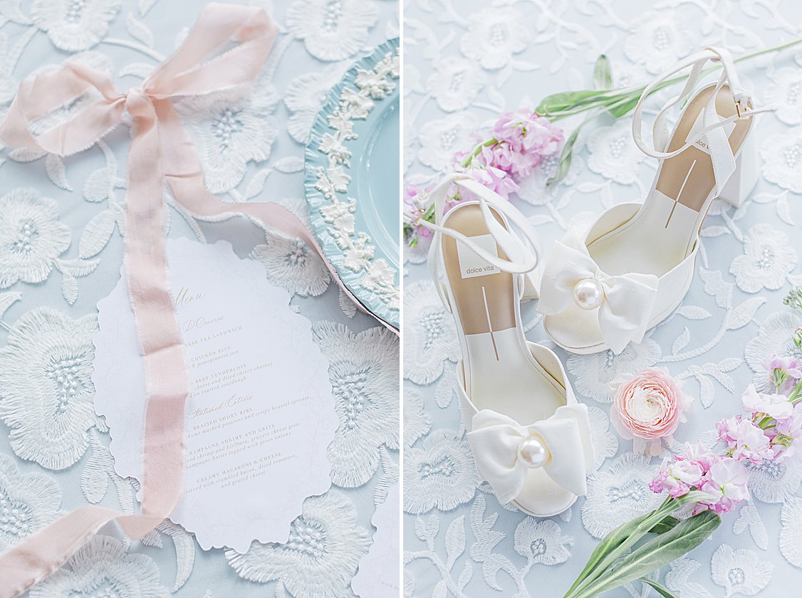 Lush pastel floral arrangements and fine linens on long tables at luxury private estate wedding near Columbia, SC.