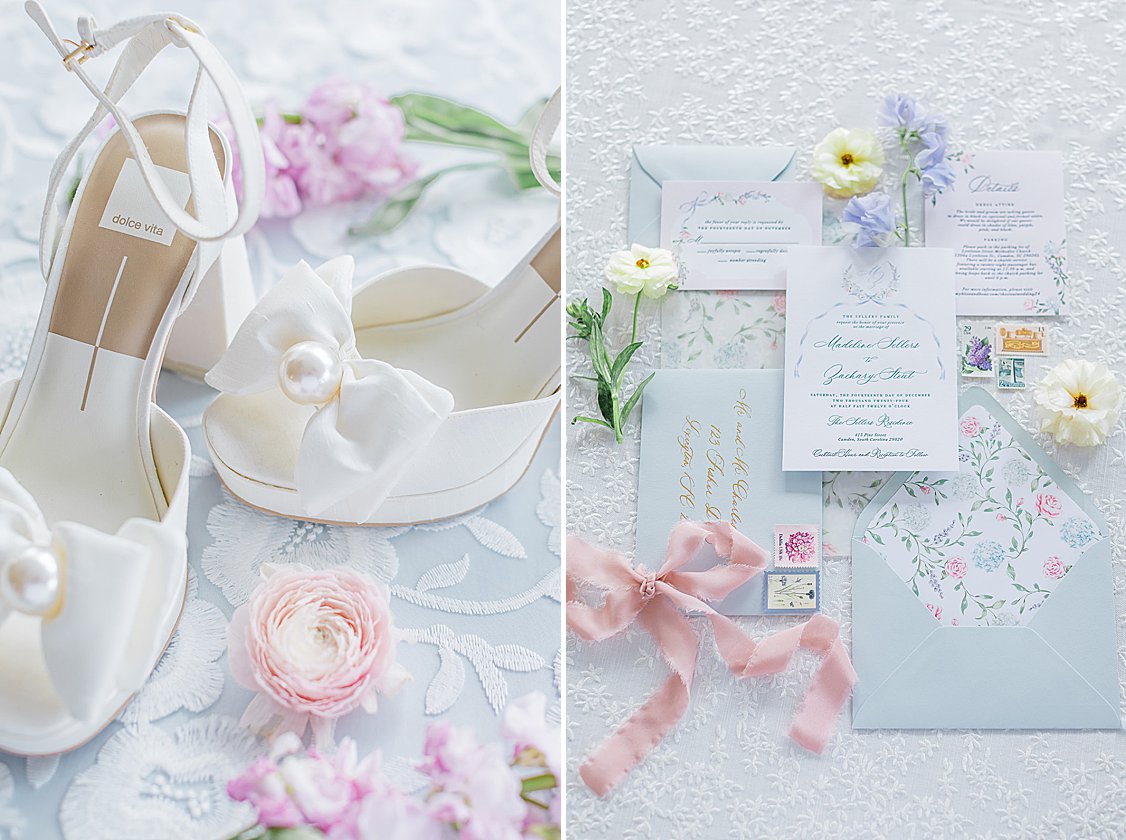 Lush pastel floral arrangements and fine linens on long tables at luxury private estate wedding near Columbia, SC.