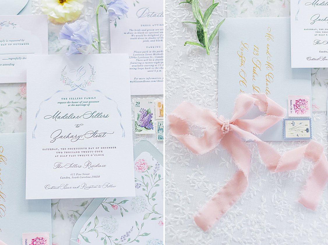 Lush pastel floral arrangements and fine linens on long tables at luxury private estate wedding near Columbia, SC.