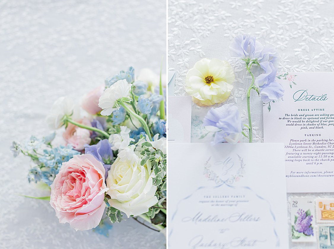 Lush pastel floral arrangements and fine linens on long tables at luxury private estate wedding near Columbia, SC.