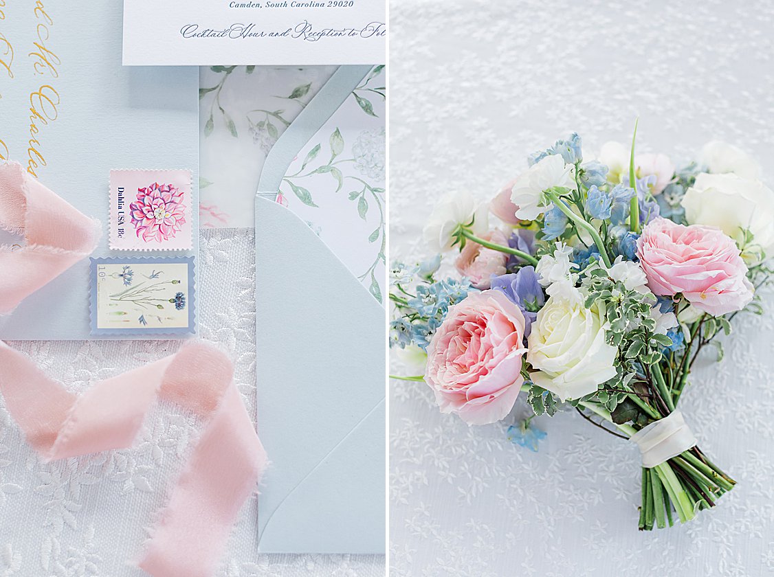 Lush pastel floral arrangements and fine linens on long tables at luxury private estate wedding near Columbia, SC.