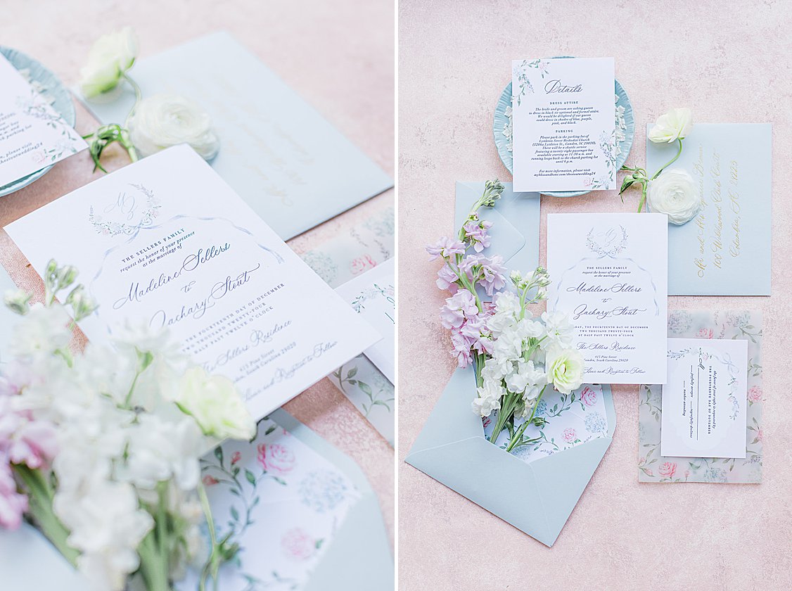 Lush pastel floral arrangements and fine linens on long tables at luxury private estate wedding near Columbia, SC.