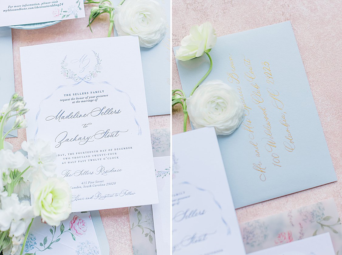 Lush pastel floral arrangements and fine linens on long tables at luxury private estate wedding near Columbia, SC.