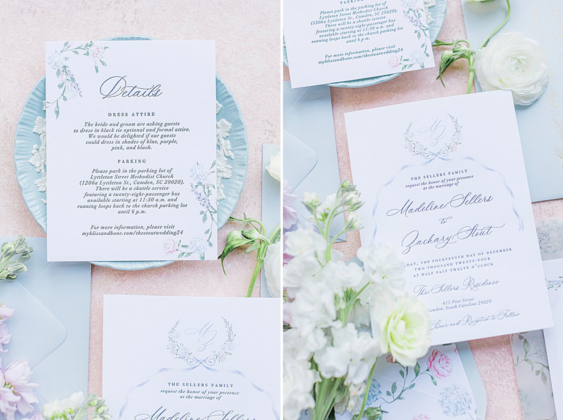 Lush pastel floral arrangements and fine linens on long tables at luxury private estate wedding near Columbia, SC.