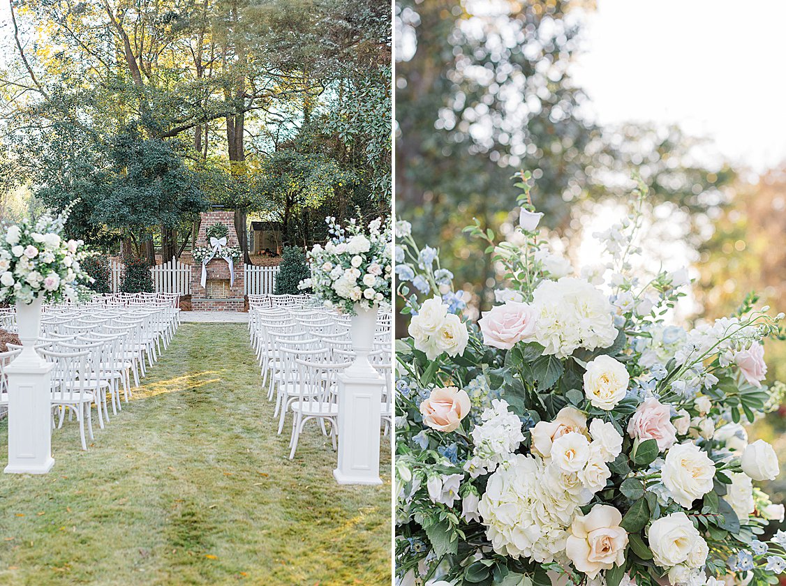Bridgerton-inspired wedding ceremony on a private estate near Columbia, SC with pastel florals and winter greenery.