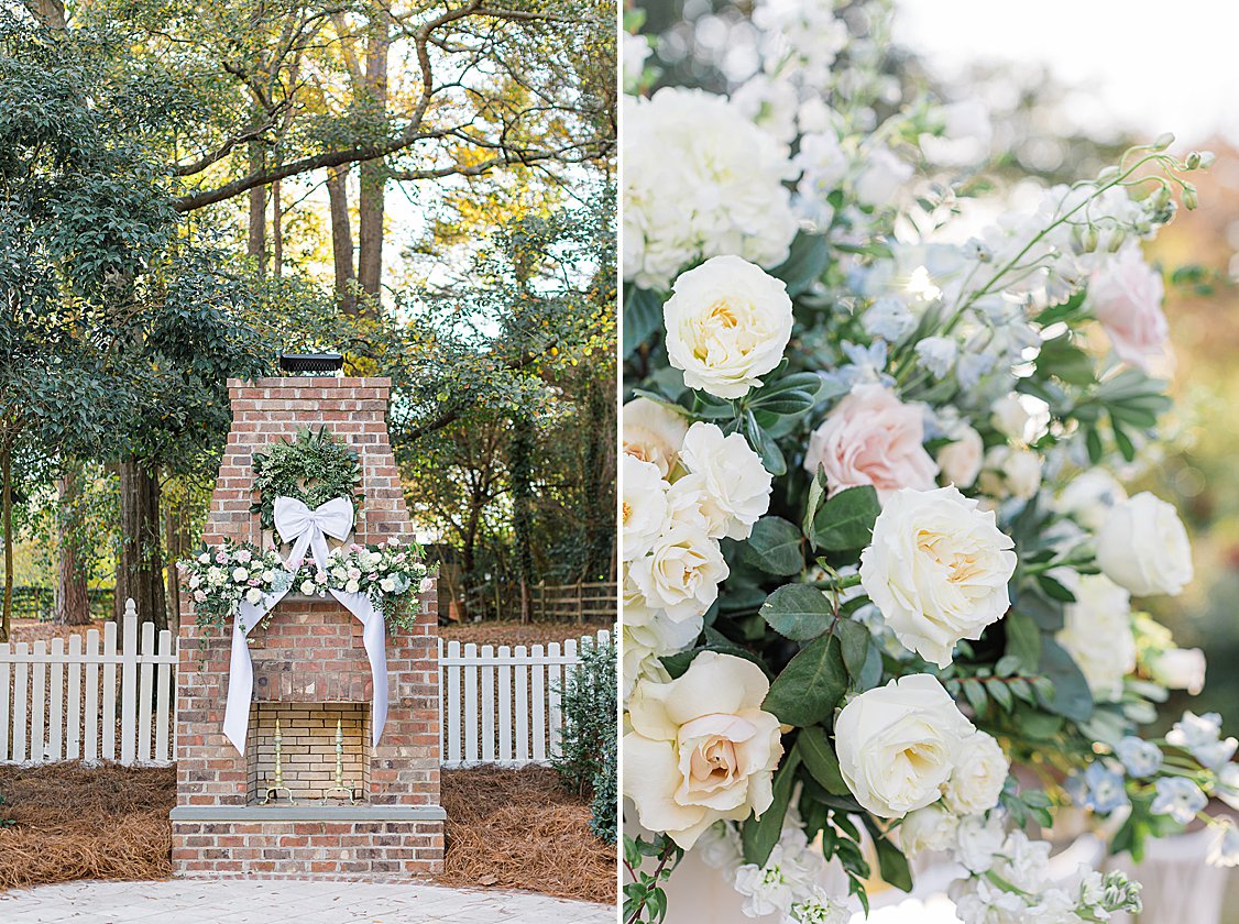 Bridgerton-inspired wedding ceremony on a private estate near Columbia, SC with pastel florals and winter greenery.