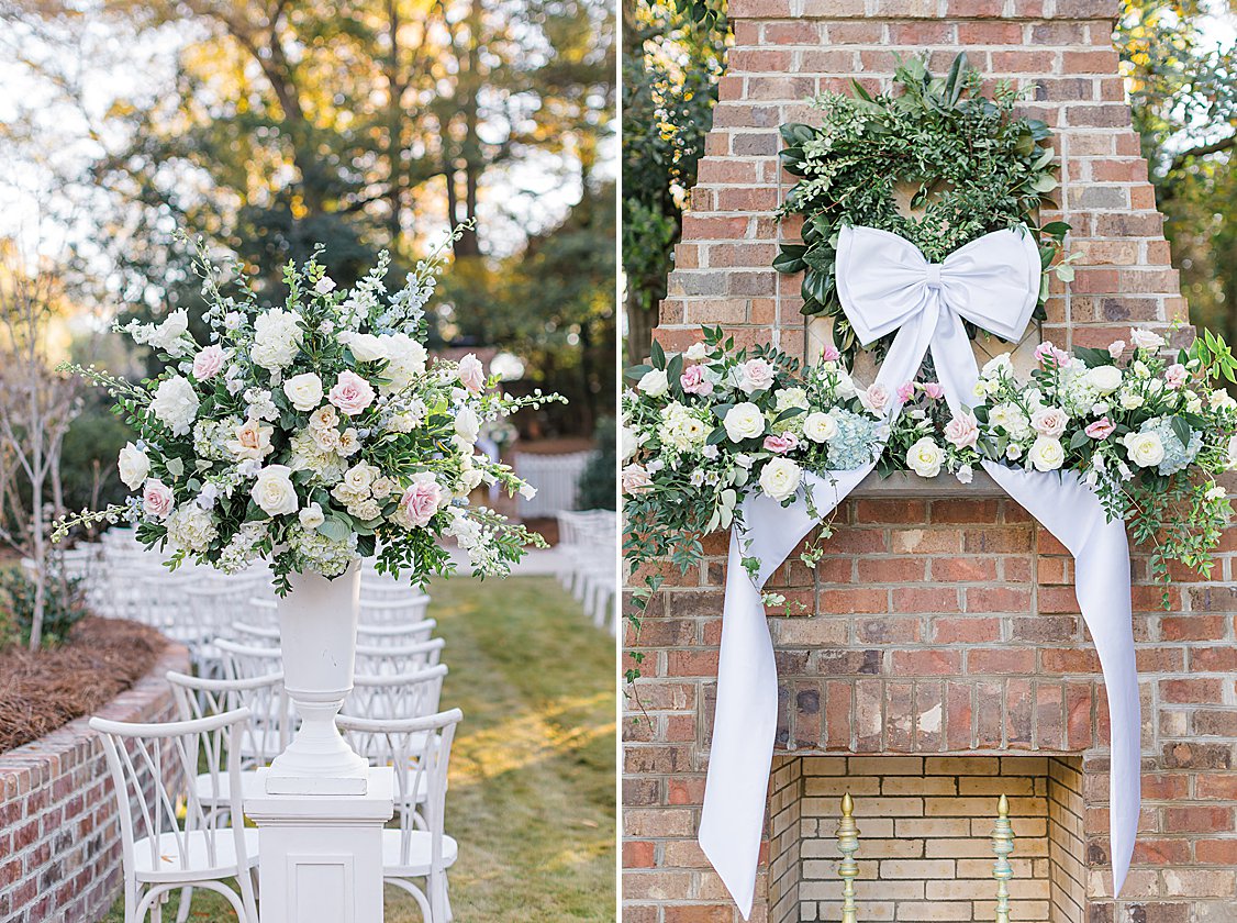 Bridgerton-inspired wedding ceremony on a private estate near Columbia, SC with pastel florals and winter greenery.